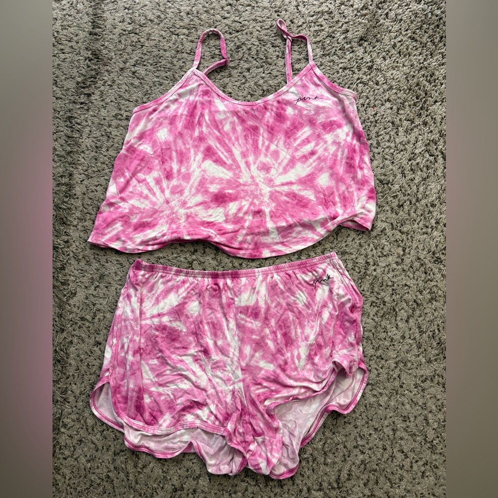 PINK Victoria's Secret Pink and White Tie-Dye Cropped Pajama Set